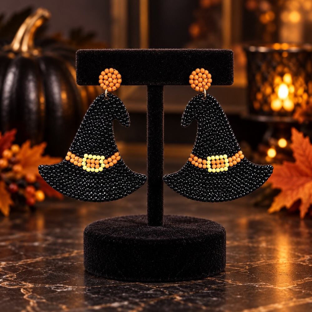Leith NWT Beaded Witch Hat Statement Earrings Halloween Black Orange 2.5” Fun